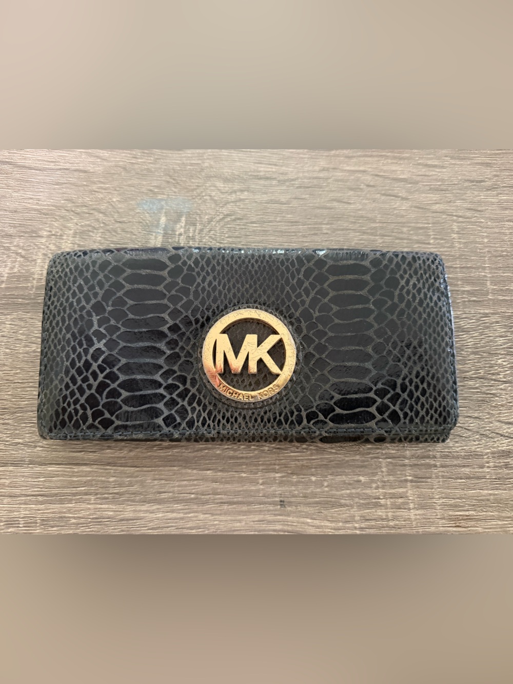 Michael Kors Black Faux-Snakeskin Wallet with Gold MK Emblem